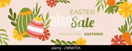 Easter sale horizontal banner template for promotion. Design with two painted eggs, flowers and leaves, carrot Stock Vector