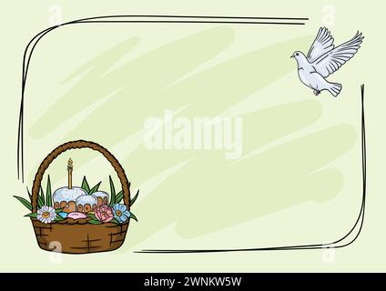 Easter background for presentation and card with frame, basket with flowers, Easter cakes, colored eggs and flying dove Stock Vector