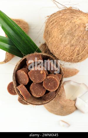 Top View Coconut Sugar Block or Palm Sugar Stock Photo