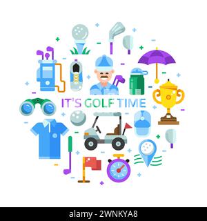 Golf Time Print with Golfing Icons in Circle Stock Vector