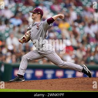 Houston, United States. 02nd Mar, 2024. Texas State Bobcats pitcher JACK STROUD (26) throws a pitch during the game between the Texas State Bobcats and the Texas Longhorns at Minute Maid Park on March 2, 2024 in Houston, Texas. Texas State Bobcats defeated the #15 Texas Longhorns 11-10. (Photo by: Jerome Hicks/ SipaUSA) Credit: Sipa USA/Alamy Live News Stock Photo