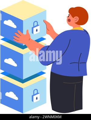 Woman holding database storage boxes, data safety Stock Vector