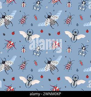 Exotic Retro Beetles and Bugs Pattern Stock Vector