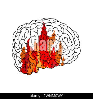 Fire in brain. Flame in an anatomical brains. Concept burning brain - idea symbol Stock Vector