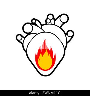 Fire in heart. Flame in an anatomical heart. Concept burning heart symbol of hope Stock Vector