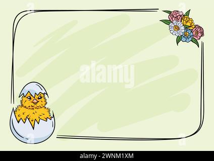 Bright Easter background for card and presentation with frame, newborn chick in eggshell and flowers Stock Vector