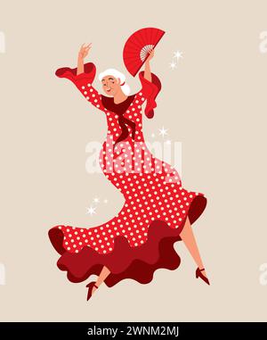Senior lady dancing Spanish flamenco.  Aged lady dancing. Spanish culture. Active retirement concept. Flat vector character Stock Vector