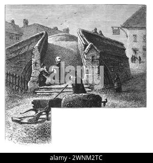 Crowland Bridge, Cambridgeshire; 19th century; Black and white illustration from 'Our Own Country' a Descriptive, Historical and Pictorial guide to the UK published in late 1880s by Cassell, Petter, Galpin & Co. Historic pictures of Briatin. Stock Photo