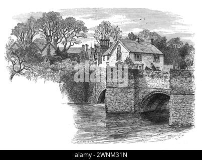 Ludford Bridge, Ludlow in the 19th century; Black and white illustration from 'Our Own Country' a Descriptive, Historical and Pictorial guide to the UK published in late 1880s by Cassell, Petter, Galpin & Co. Historic pictures of Briatin. Stock Photo