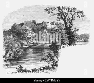 Ludlow Castle Viewed from the River; 19th century; Black and white illustration from 'Our Own Country' a Descriptive, Historical and Pictorial guide to the UK published in late 1880s by Cassell, Petter, Galpin & Co. Historic pictures of Briatin. Stock Photo