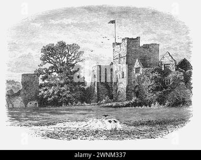 Ludlow Castle in the 19th century; Black and white illustration from 'Our Own Country' a Descriptive, Historical and Pictorial guide to the UK published in late 1880s by Cassell, Petter, Galpin & Co. Historic pictures of Briatin. Stock Photo