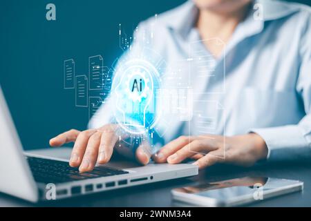 Businesswoman working on laptop computer to document management online. electronic document on a digital document on a virtual laptop computer screen, Stock Photo