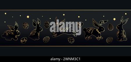 Easter festive banner with golden rabbit silhouettes, easter eggs and stars. Happy Easter Day. Vector illustration Stock Vector