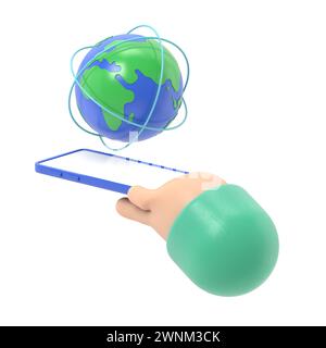 Flat 3d isometric businessman hand holding smartphone with world and global network. internet connection and global communication concept.3D rendering Stock Photo