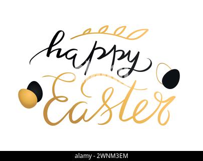 Happy Easter calligraphy and brush lettering. Decorated with golden Easter eggs and plant branch. Vector illustration Stock Vector