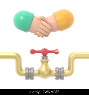 Oil deal concept. Arabs businessmen handshake at a meeting. 3D illustration flat design. Oil pipe with a tap. Solution for oil sales.3D rendering on w Stock Photo