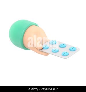3d render. Pack of pills icon. Doctor or pharmacist cartoon hand with black skin holding drugs. Medical healthcare illustration.3D rendering on white Stock Photo