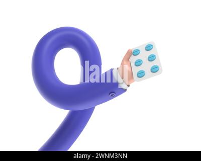 3d render. Pack of pills icon. Doctor or pharmacist cartoon hand with black skin holding drugs. Medical healthcare illustration. Pharmaceutical clip a Stock Photo