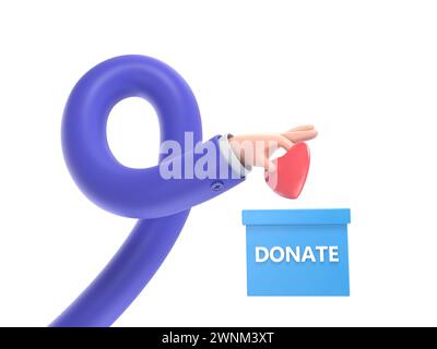 Medical donation concept.3d illustration flat line design. Donor day. Give life. Man’s hand places small heart in donation slot. Donation box.3D rende Stock Photo