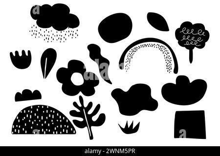 spring black and white childish naive objects, figures, geometric, multicolored for design cards, posters, banners Stock Vector