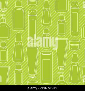Striped seamless pattern with cosmetic bottles silhouettes Stock Vector