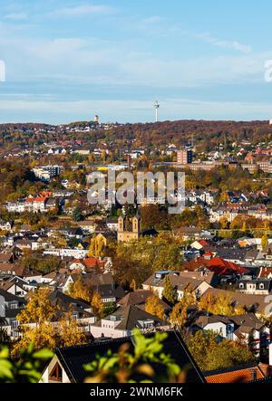 View of a town with houses and a church tower in the foreground and a television tower in the distance on an autumn day, Barmen, Wuppertal, North Stock Photo