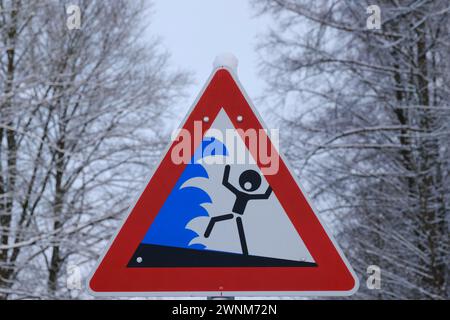 Warning sign, Caution high waves, Caution flooding, Sauerland, North Rhine-Westphalia, Germany Stock Photo