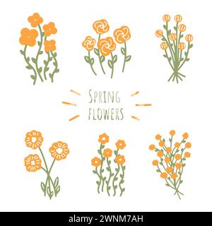 Set of six bouquets of flowers from spring collection. Variety of orange flowers in vintage style.  Stock Vector
