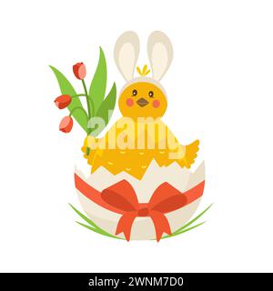 Easter illustration. Chicken with flowers in an egg shell. Vector. Stock Vector