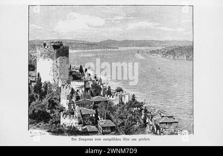 Bosphorus seen from the European shore, Constantinople, Istanbul, continents, ruined tower, villas, landscape, Turkey, historical illustration 1890 Stock Photo