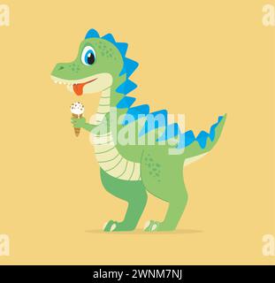 Cute dinosaur character eating ice cream. Flat vector illustration on yellow background Stock Vector