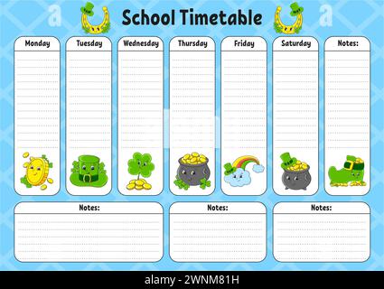 School schedule. Timetable for schoolboys. Empty template. Weekly planer with notes. cartoon character. Vector illustration. Stock Vector