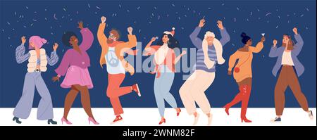 Group of young people celebrating New year party outdoors. Flat vector characters Stock Vector