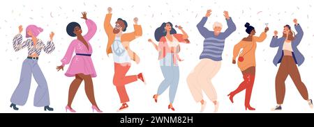 Happy young people at holiday party. Friends dancing, having fun together. Young men and women characters group, youth celebrating event. Isolated fla Stock Vector