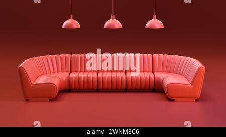 Miniature interior room with long sofa and lamps on red background. Modern minimal concept. 3D render illustration. Stock Photo