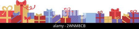 Colorful gift boxes with bowsin one row Holiday banner, web poster, greeting card for Christmas holdays or valentine day. flat vector illustration Stock Vector