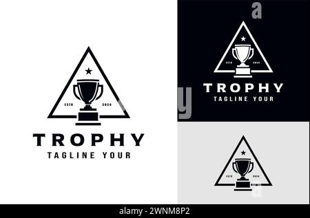 Championship Trophy with Simple Triangle Label Design behind Trophy, Winning Symbol Award Place icon on Dark and White Background Stock Vector