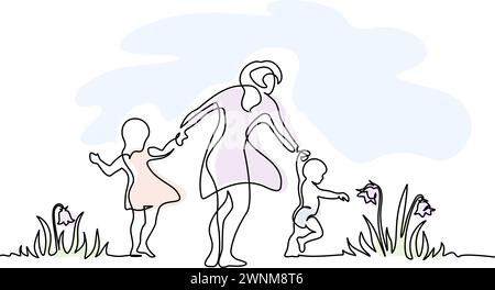 Mother walking with small children in garden with flowers Stock Vector