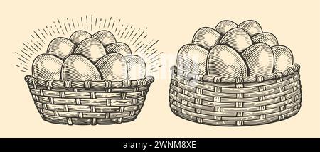 Chicken eggs in woven basket. Organic farm food. Hand drawn sketch vintage vector illustration Stock Vector