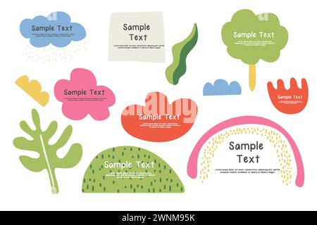 spring title design frame children's naive objects, shapes, geometric, multicolored for design cards, posters, banners Stock Vector