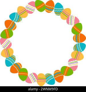 Round frame made of Easter eggs. Border made of Easter painted eggs. Perfect for festive holiday decoration and spring greeting cards. Vector illustra Stock Vector