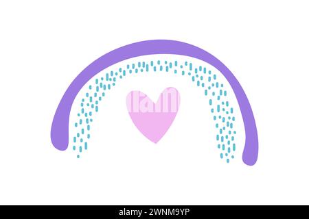 Doodles child naive pink rainbow with hearts, strokes vector on white background Stock Vector