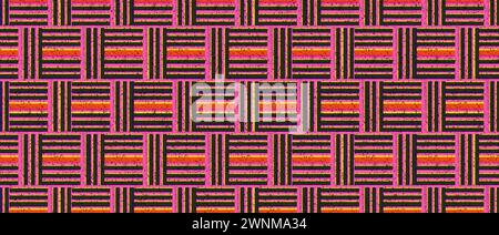 Risograph seamless background. Vector geometric ornament in retro style. Black, yellow, red and pink horizontal and vertical lines are arranged in a Stock Vector