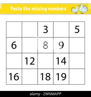 Paste the missing numbers 1-20. Game for children. Handwriting practice. Learning numbers for kids. Education developing worksheet. Activity page. Vec Stock Vector