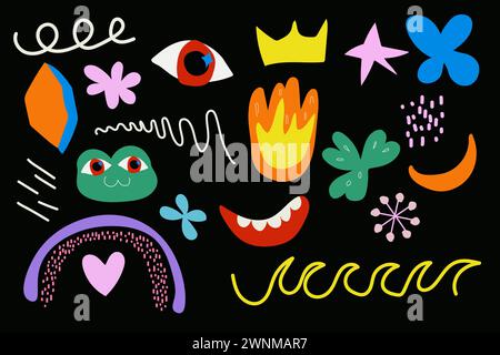 children's naive objects, shapes, geometric, eye, toad, rainbow, characters, multicolored for design cards, posters Stock Vector