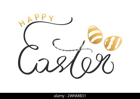 Happy Easter Hand drawn calligraphy and brush lettering. Decorated with golden Easter eggs. Vector illustration Stock Vector