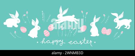 Easter banner decorated with cute white bunnies, flowers and easter eggs. Vector illustration Stock Vector