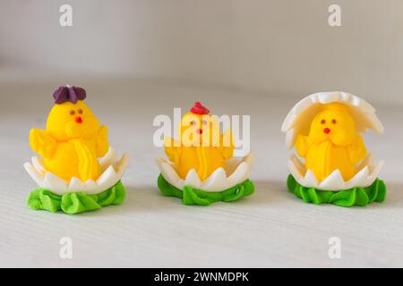 Easter chicken candy on white background. Easter decoration. Springtime holidays. Decorative sweets. Easter chicken in egg. Sugar handmade dessert. Stock Photo
