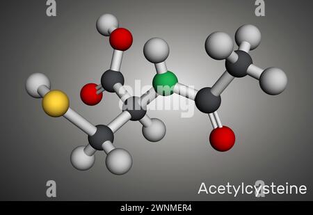 Acetylcysteine, N-acetylcysteine, NAC drug molecule. It is an antioxidant  and glutathione inducer. Skeletal chemical formula on the dark blue  backgrou Stock Photo