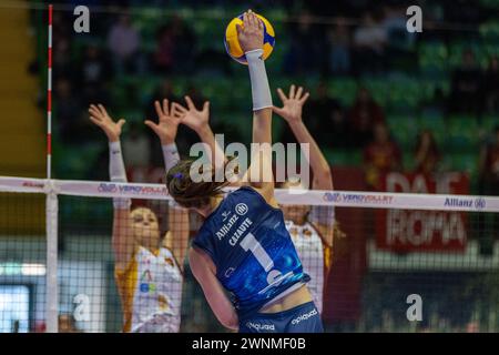 Monza, Italy. 03rd Mar, 2024. Spike of Helena Cazaute (Allianz VV Milano) during Allianz VV Milano vs Roma Volley Club, Volleyball Italian Serie A1 Women match in Monza, Italy, March 03 2024 Credit: Independent Photo Agency/Alamy Live News Stock Photo
